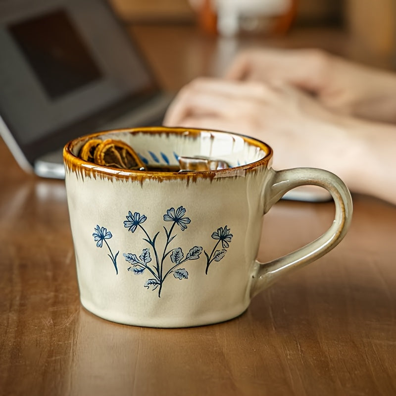 Vintage Freesia Coffee Mug 1pc Handmade Vintage Freesia Flower Ceramic Coffee Mug - V-Shaped Tea Cup with Lip Contact Suitable for Latte, Cappuccino, Espresso, Matcha - Elegant Handpainted Freesia Vase, Oatmeal Cup for Home, Office, Valentine's Day Gift