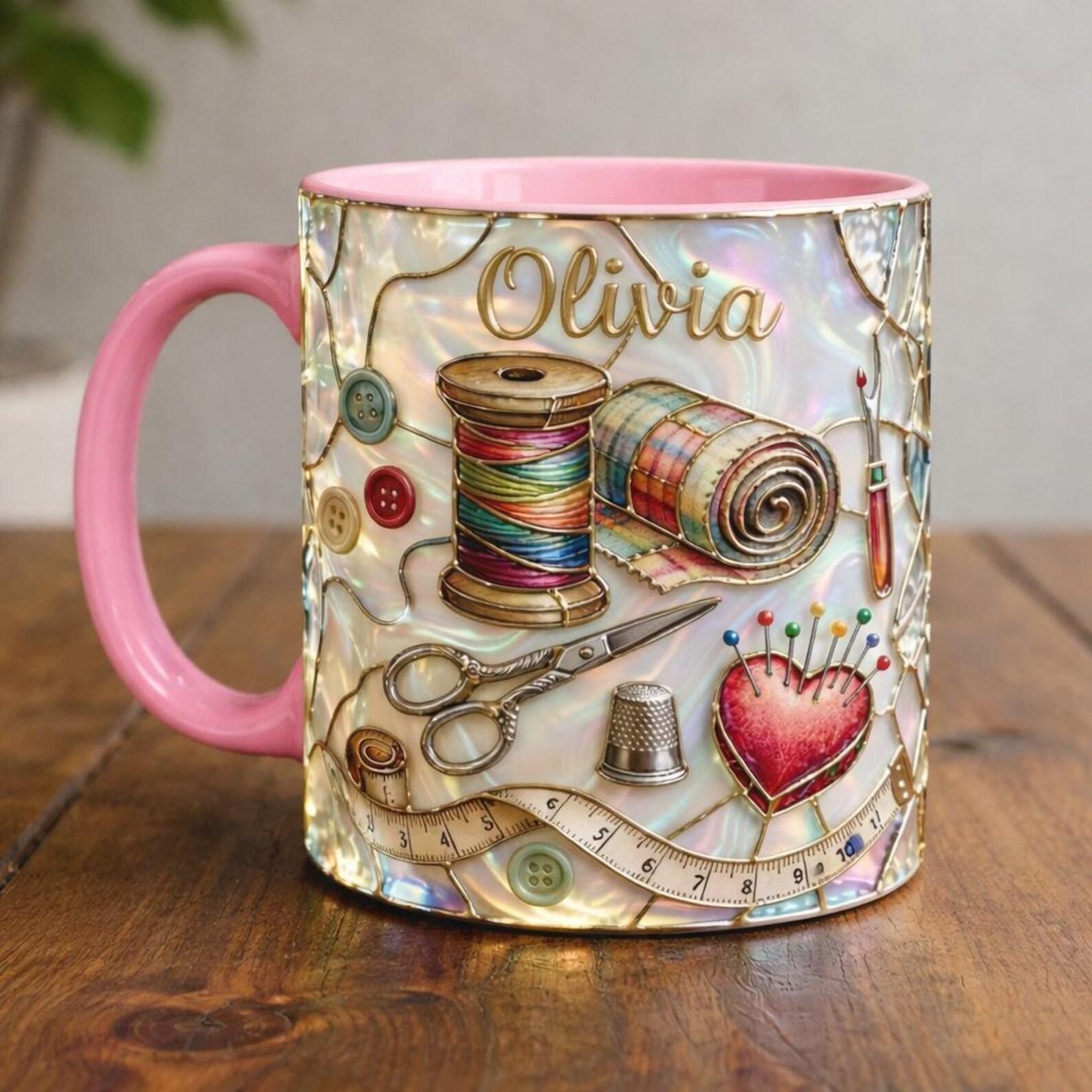 Personalized Knitting Mug, Cozy Crochet Coffee Cup, Pink Handmade Style Mug, Yarn Lover Gift, Cute Custom Name Mug