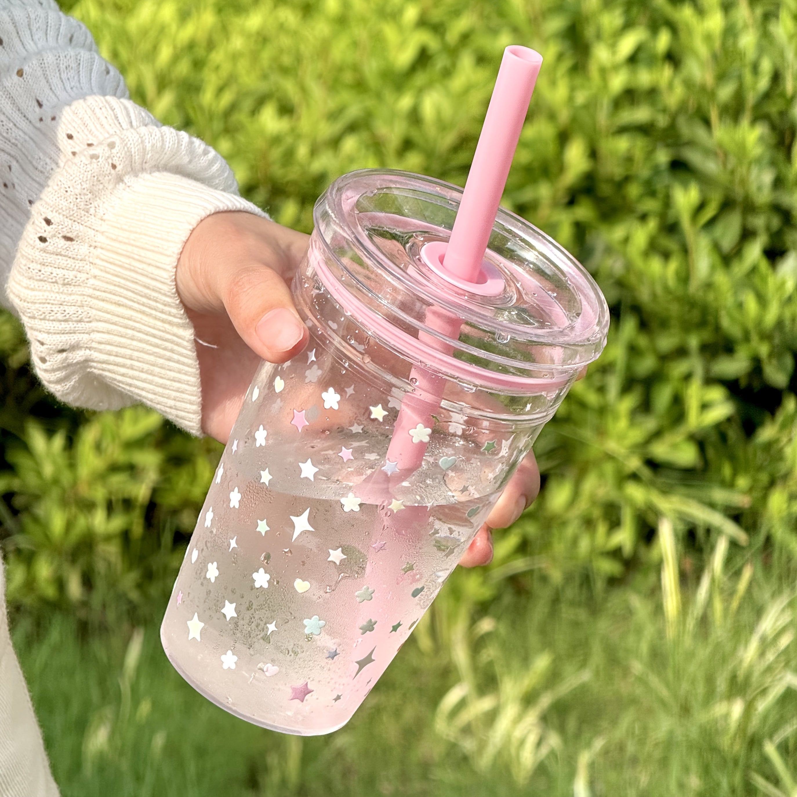 16Oz Pink Star Flower Design Adorable Cup - Reusable, Convenient, Sturdy with Straw And Cover | Great for Staying Hydrated at Work, Sports, Outdoor Fun, Celebrations, Gifts, Camping, And Birthdays - Ideal Summer Hydration Easy Bottle