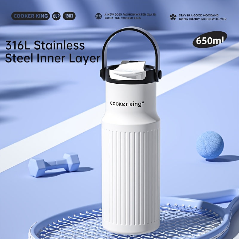 650ml 316L Inner Liner Stainless Steel Insulated Water Bottle 1pc 650ml | 3 Drinking Modes - Straw Lid, Direct Drink & Wide Mouth, Leak-Proof, 6-Layer Vacuum Insulation Keeps Hot\u002FCold 12H, Portable Handle for Sports, Gym, Outdoor - 316L Inner Liner