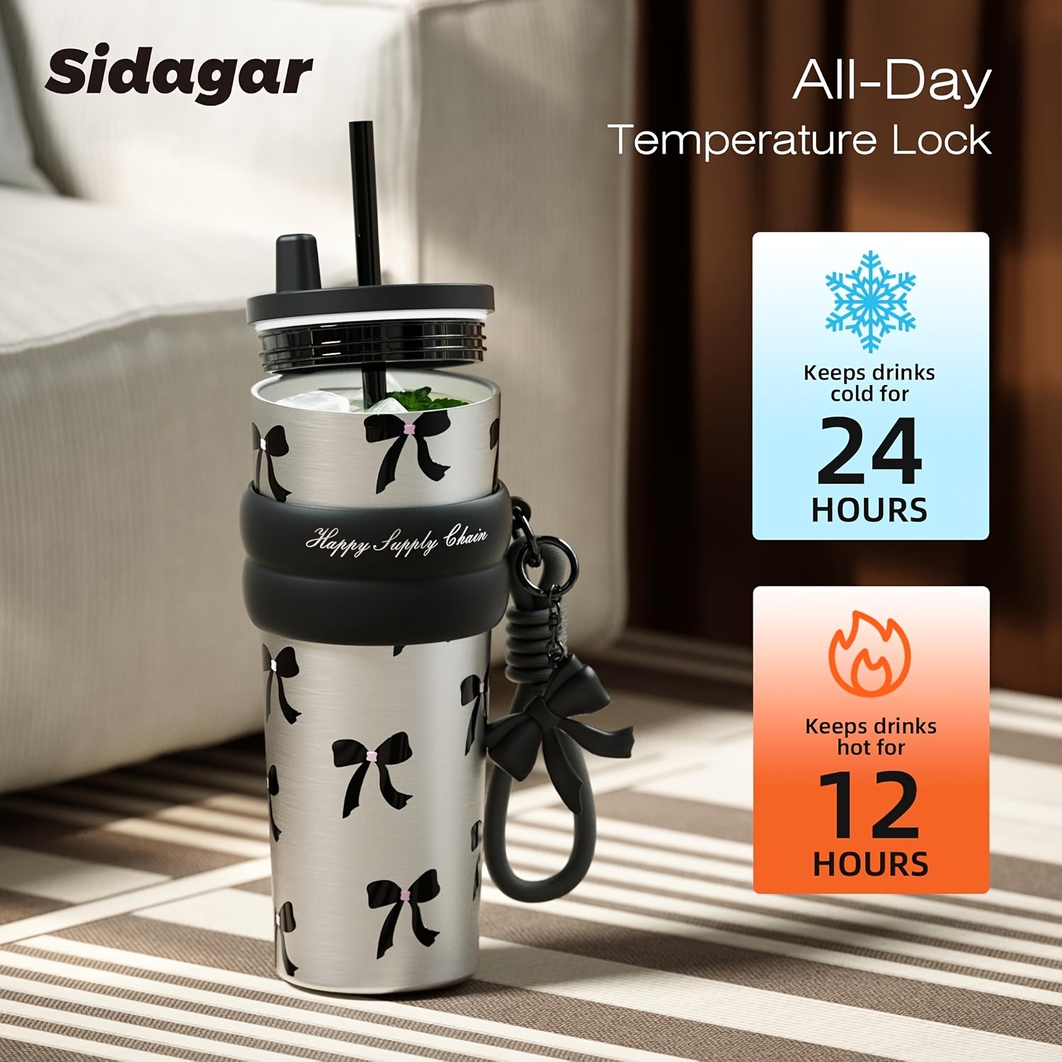 A 24-Ounce High-Cost-Performance Vacuum Cup Cup Featuring a Stylish Bow Design And a Unique Bow Strap. The Interior Is Made of 316 Stainless Steel, Effectively Maintaining The Temperature of Beverages. The Non-Slip Silicone Ring on The Cup Body Ensu