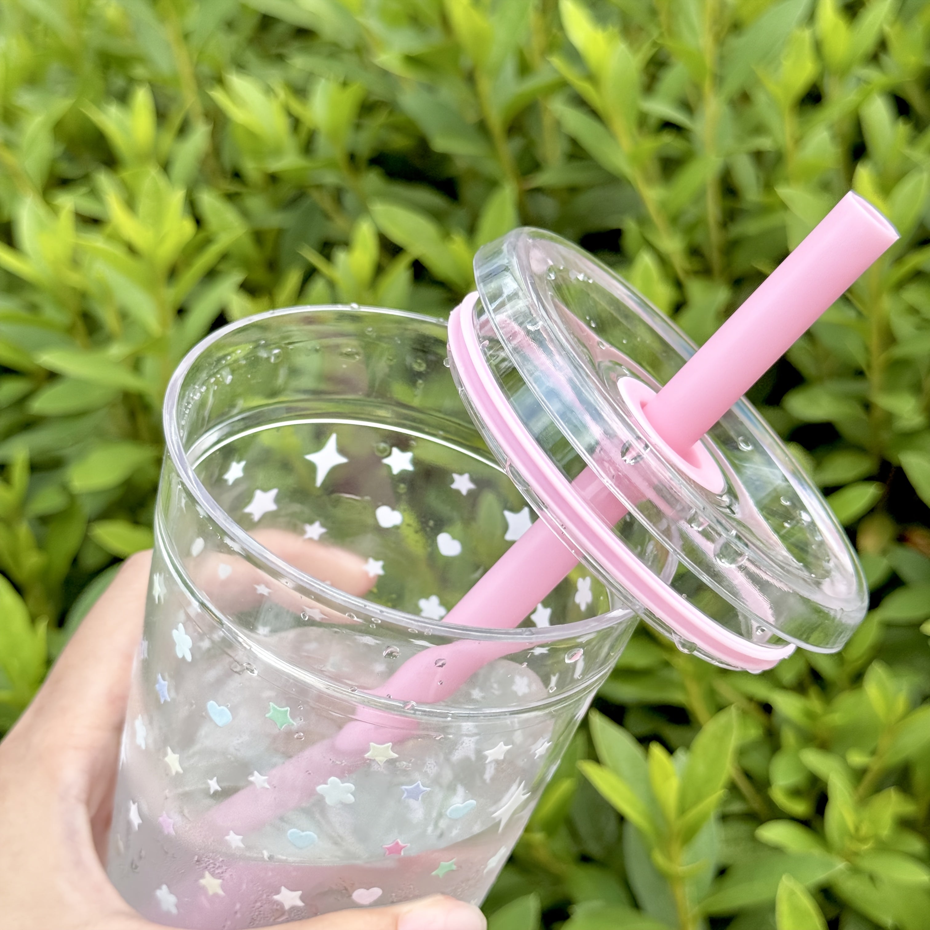16Oz Pink Star Flower Design Adorable Cup - Reusable, Convenient, Sturdy with Straw And Cover | Great for Staying Hydrated at Work, Sports, Outdoor Fun, Celebrations, Gifts, Camping, And Birthdays - Ideal Summer Hydration Easy Bottle