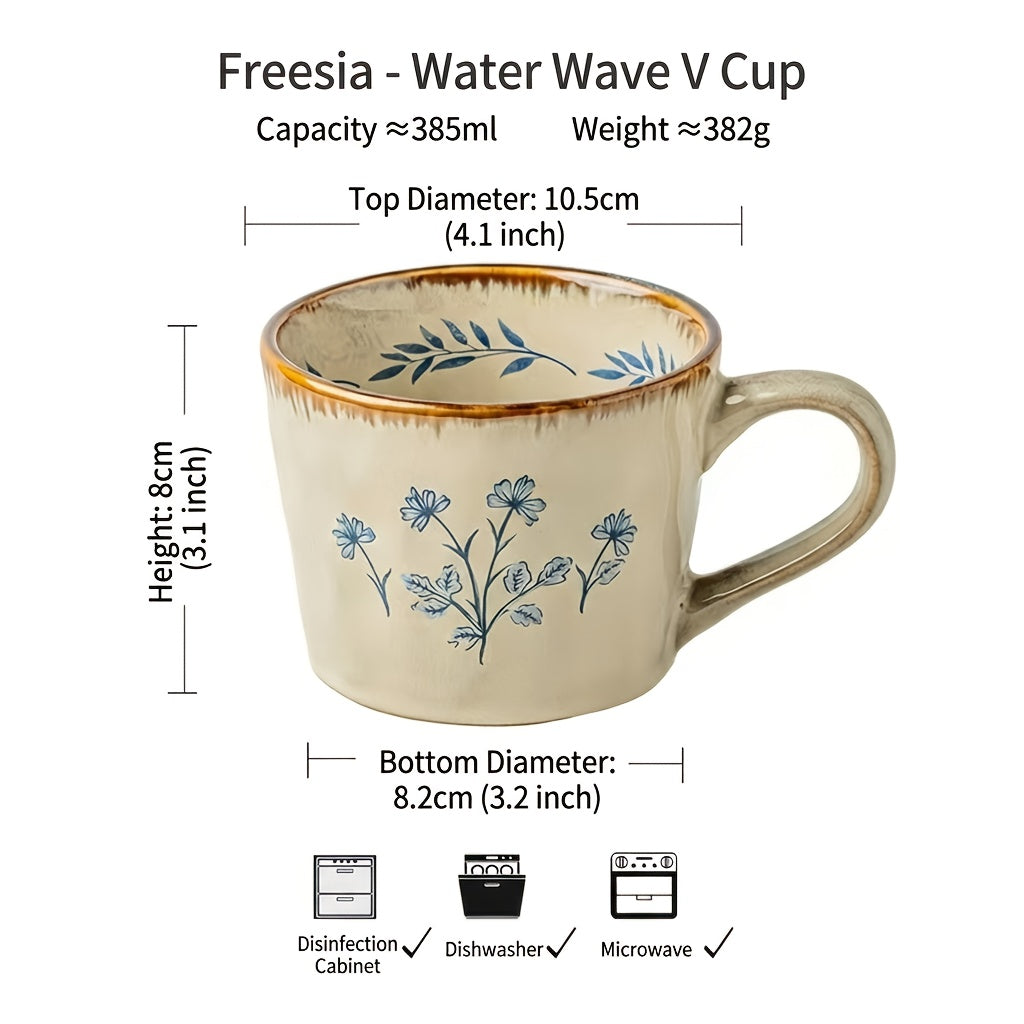 Vintage Freesia Coffee Mug 1pc Handmade Vintage Freesia Flower Ceramic Coffee Mug - V-Shaped Tea Cup with Lip Contact Suitable for Latte, Cappuccino, Espresso, Matcha - Elegant Handpainted Freesia Vase, Oatmeal Cup for Home, Office, Valentine's Day Gift