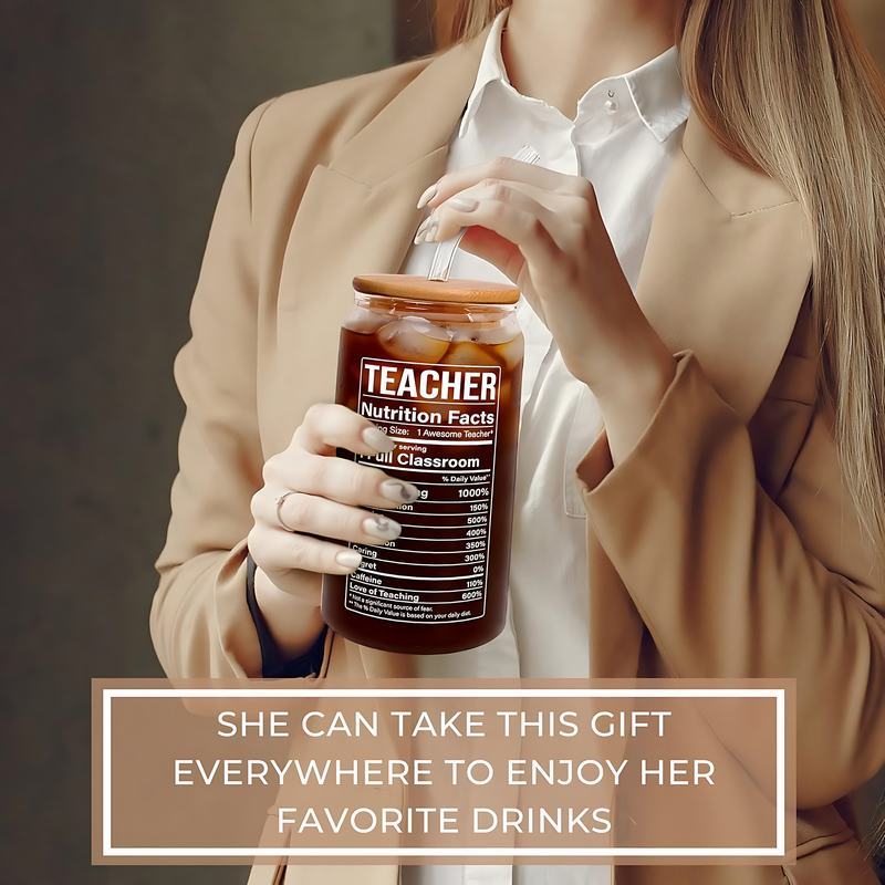 1pc, Letter Printed Water Cup With Lid And Straw, Portable Glass Cup, Teacher Gift For Women, Birthday Gift