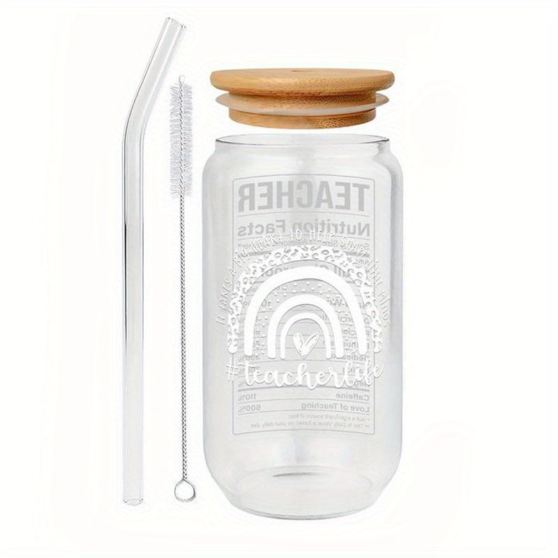 1pc, Letter Printed Water Cup With Lid And Straw, Portable Glass Cup, Teacher Gift For Women, Birthday Gift