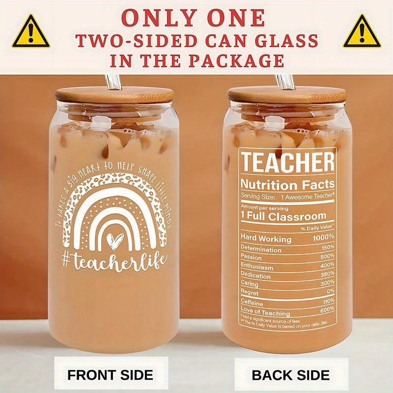 1pc, Letter Printed Water Cup With Lid And Straw, Portable Glass Cup, Teacher Gift For Women, Birthday Gift