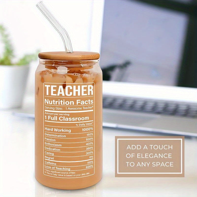 1pc, Letter Printed Water Cup With Lid And Straw, Portable Glass Cup, Teacher Gift For Women, Birthday Gift