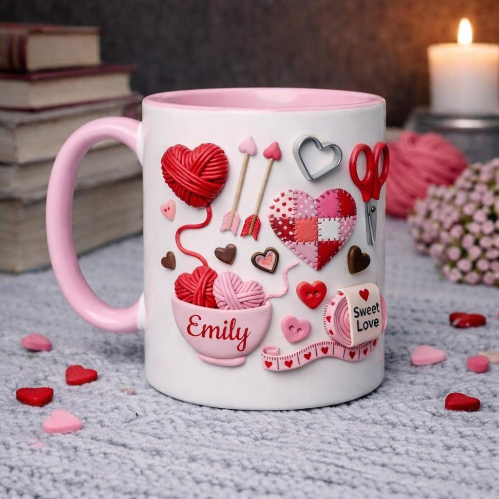 Personalized Knitting Mug, Cozy Crochet Coffee Cup, Pink Handmade Style Mug, Yarn Lover Gift, Cute Custom Name Mug