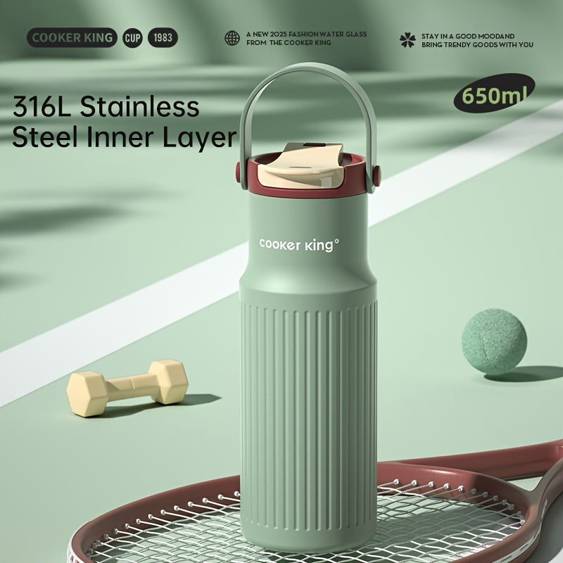 650ml 316L Inner Liner Stainless Steel Insulated Water Bottle 1pc 650ml | 3 Drinking Modes - Straw Lid, Direct Drink & Wide Mouth, Leak-Proof, 6-Layer Vacuum Insulation Keeps Hot\u002FCold 12H, Portable Handle for Sports, Gym, Outdoor - 316L Inner Liner