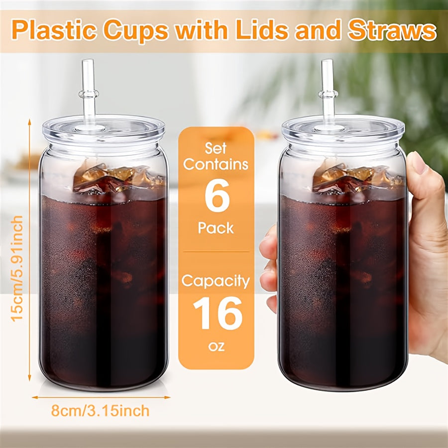 of 6 Clear Plastic Tumblers with Lids And Straws, Each Holding 16 Ounces, Perfect for Iced Coffee, Water, Milk, Beer, Juice, And Other Beverages