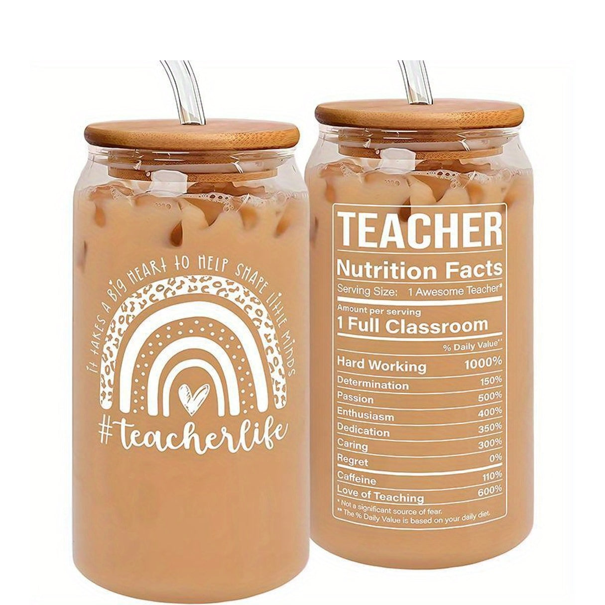 1pc, Letter Printed Water Cup With Lid And Straw, Portable Glass Cup, Teacher Gift For Women, Birthday Gift