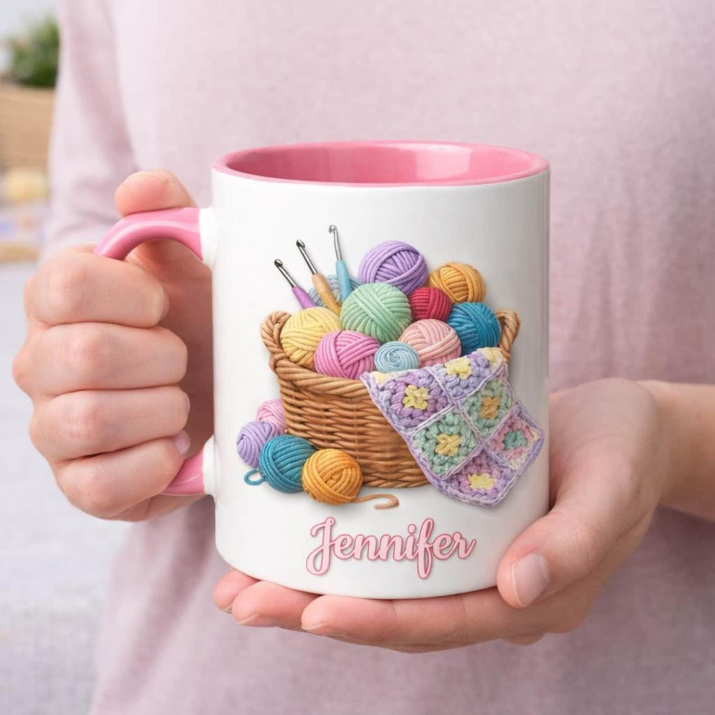 Personalized Knitting Mug, Cozy Crochet Coffee Cup, Pink Handmade Style Mug, Yarn Lover Gift, Cute Custom Name Mug