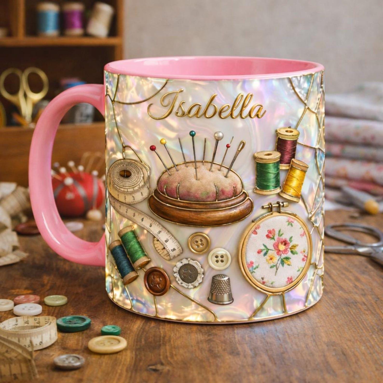 Personalized Knitting Mug, Cozy Crochet Coffee Cup, Pink Handmade Style Mug, Yarn Lover Gift, Cute Custom Name Mug