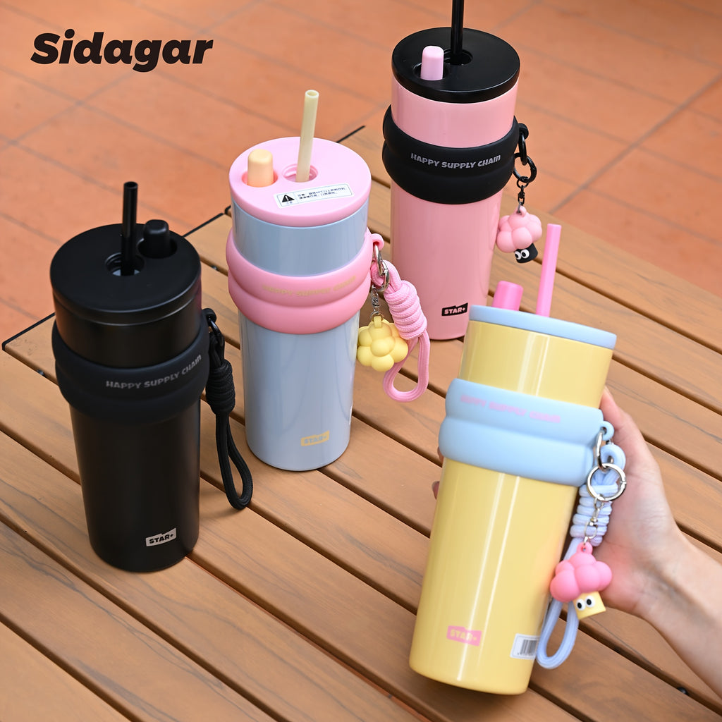 1pc 24Oz Macaron 316 Stainless Steel Insulated Cup, Portable Travel Cup with Straw, Stylish Dopamine Water Bottle, Creatively Designed Cute Cup with a Lanyard, Long-Lasting Heat And Cold Retention, Suitable for Office Commuting