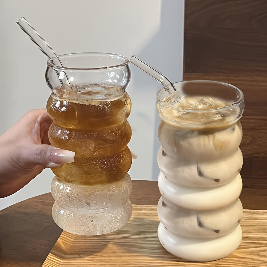 Ribbed Drinking Cups 2\u002F6pcs Vintage Japanese Ripple Bubble Glass Cups | 420Ml\u002F14Oz Ribbed with Brush And Straw | Suitable for Coffee, Tea, Juice, Matcha, Smoothie