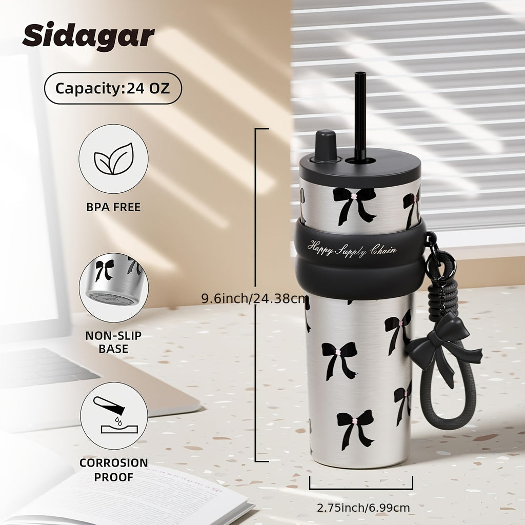A 24-Ounce High-Cost-Performance Vacuum Cup Cup Featuring a Stylish Bow Design And a Unique Bow Strap. The Interior Is Made of 316 Stainless Steel, Effectively Maintaining The Temperature of Beverages. The Non-Slip Silicone Ring on The Cup Body Ensu