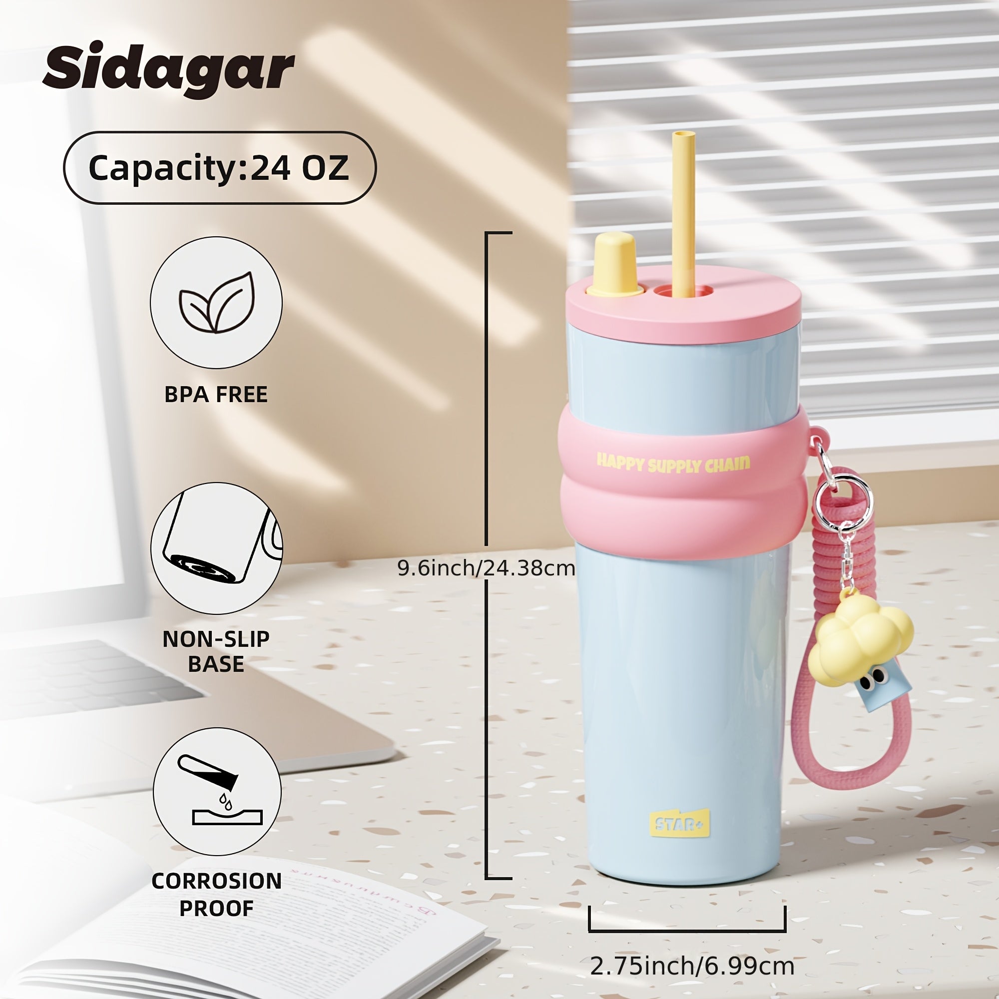 1pc 24Oz Macaron 316 Stainless Steel Insulated Cup, Portable Travel Cup with Straw, Stylish Dopamine Water Bottle, Creatively Designed Cute Cup with a Lanyard, Long-Lasting Heat And Cold Retention, Suitable for Office Commuting