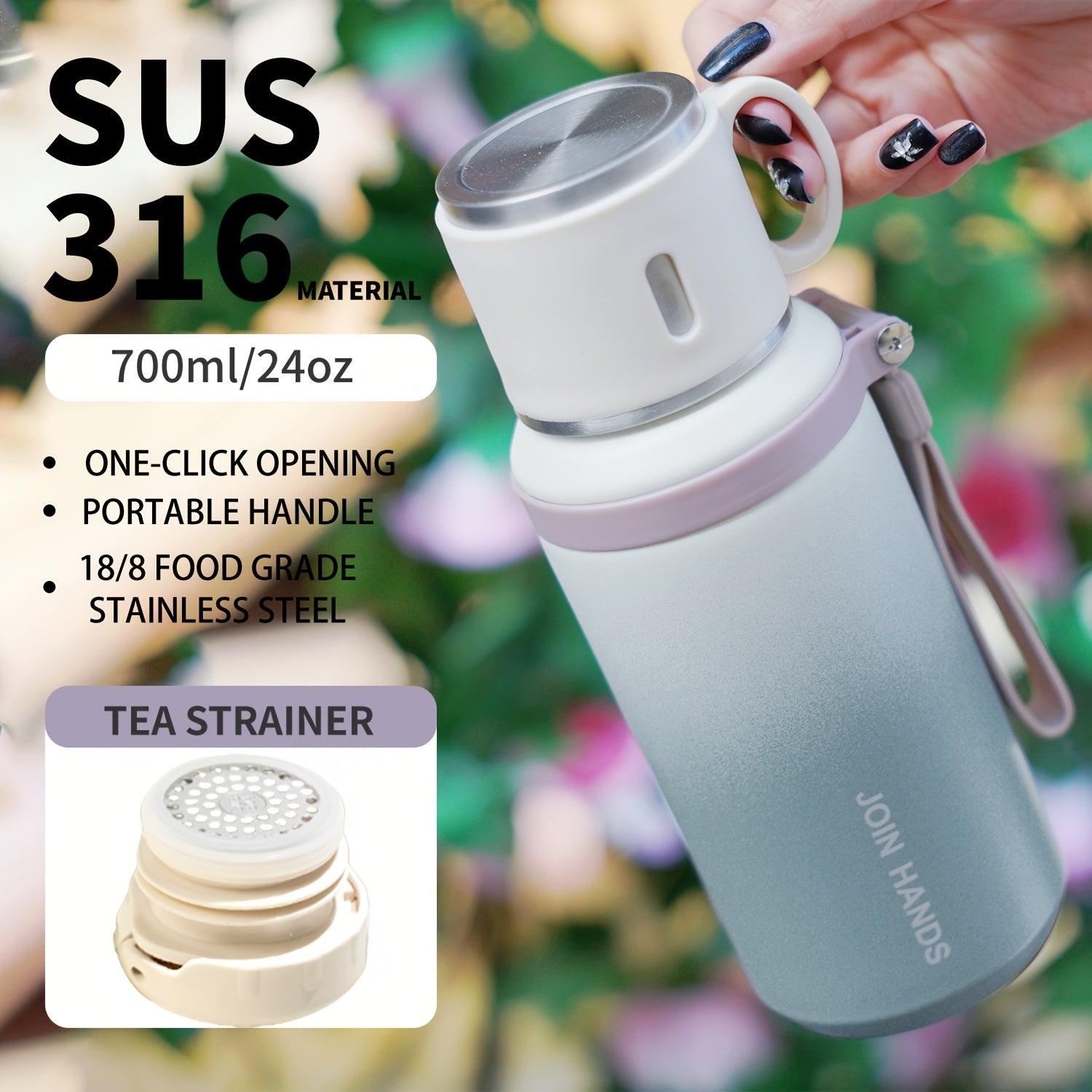 A 316 Stainless Steel Vacuum Sports Water Bottle (Gradient Color) with a Lid, Tea Filter, And Handle, 700Ml\u002F24Oz Portable Coffee Cup with a Carrying Handle, Suitable for Hot And Cold Beverages, Perfect for Camping, Travel, Fitness