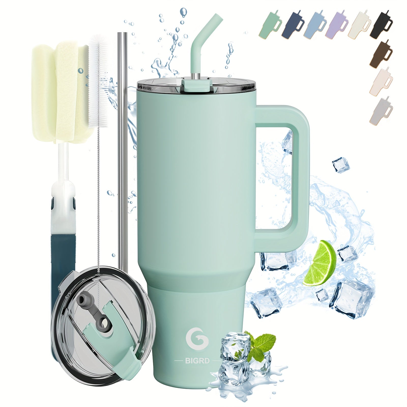 BIGRD • 40oz\u002F1182ml Stainless Steel Water Flask • Double-Wall Vacuum Insulated Leakproof • Hot\u002FCold Car Cup with Straw & Handle • Anti-Slip Base & Dual Silicone Mouthpiece • for Travel, Gym, Dish