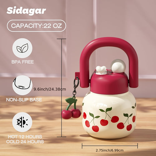 1pc 1pcs 1pc Suitable for Outdoor, for Travel, for Gym Large-Capacity 23oz Portable Straw Water Bottle with Cherry Flask, Wide-Mouth Vacuum Insulated Cup, Leakproof Lid & Lanyard for, Camping, Office, Gift for