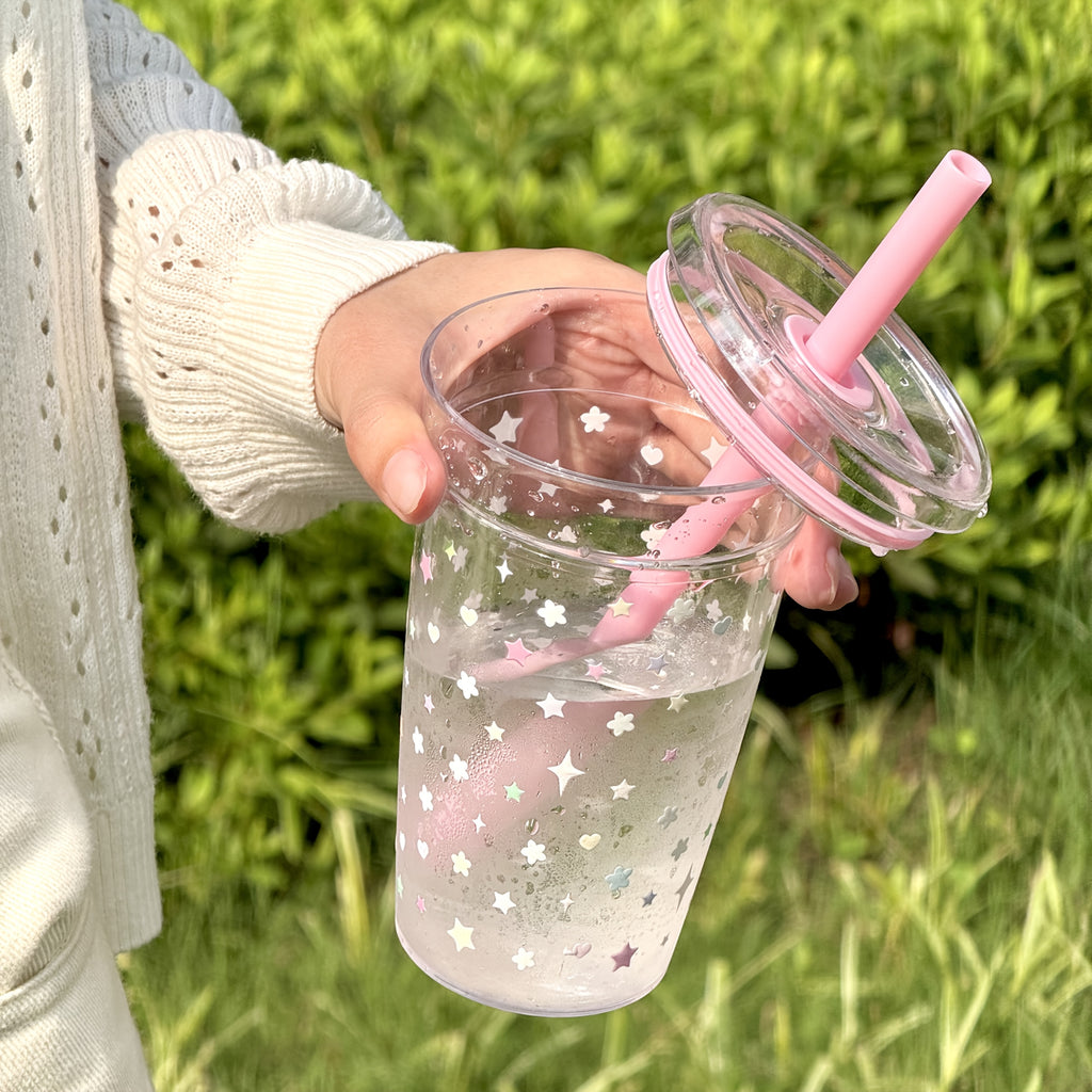 16Oz Pink Star Flower Design Adorable Cup - Reusable, Convenient, Sturdy with Straw And Cover | Great for Staying Hydrated at Work, Sports, Outdoor Fun, Celebrations, Gifts, Camping, And Birthdays - Ideal Summer Hydration Easy Bottle