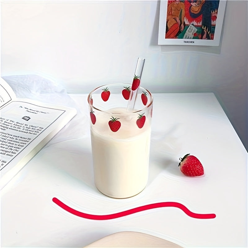 2pcs Strawberry Glass Cups With Straws | High Borosilicate Glass, Durable For Cold And Hot Use, Large Capacity, Multipurpose And Reusable