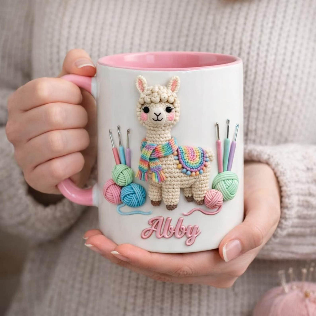 Personalized Knitting Mug, Cozy Crochet Coffee Cup, Pink Handmade Style Mug, Yarn Lover Gift, Cute Custom Name Mug