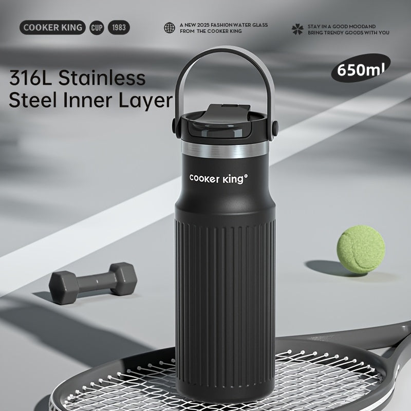650ml 316L Inner Liner Stainless Steel Insulated Water Bottle 1pc 650ml | 3 Drinking Modes - Straw Lid, Direct Drink & Wide Mouth, Leak-Proof, 6-Layer Vacuum Insulation Keeps Hot\u002FCold 12H, Portable Handle for Sports, Gym, Outdoor - 316L Inner Liner
