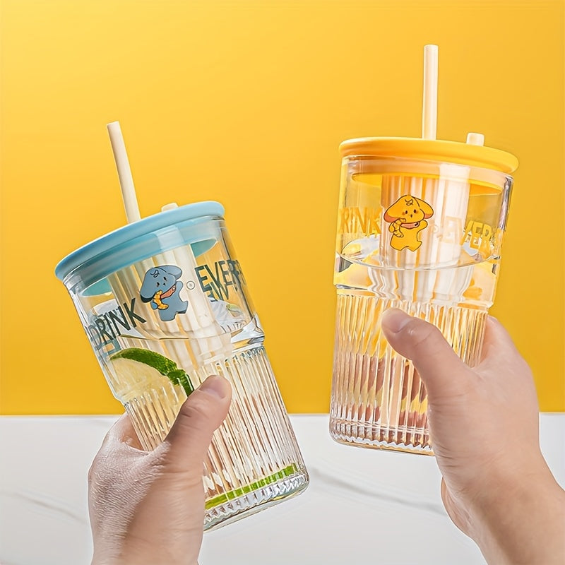 High Borosilicate Glass 2pcs High Borosilicate Glass Cups | 17.58oz Transparent with Straws & Lids | Ideal for Iced Coffee, Milk, Juice - Unique Irregular Shape Design