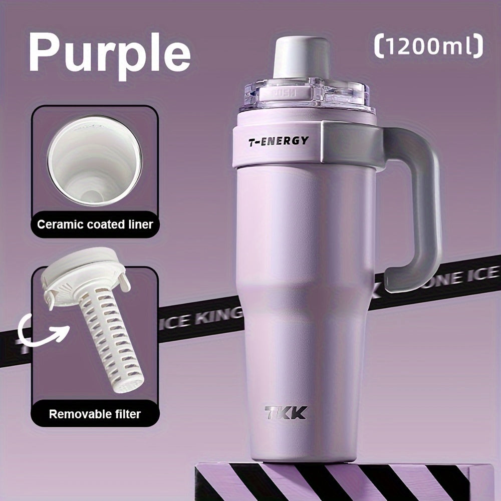 Large Capacity|Stainless Steel 800ml\u002F1200ml Large Capacity Stainless Steel Vacuum Mug | Ceramic Coating Leakproof Tumbler with Straw Lid Handle | Keep Warm Cold for Coffee Coke Carbonated Beverages Ice School Office Outdoor Yoga Sports Travel