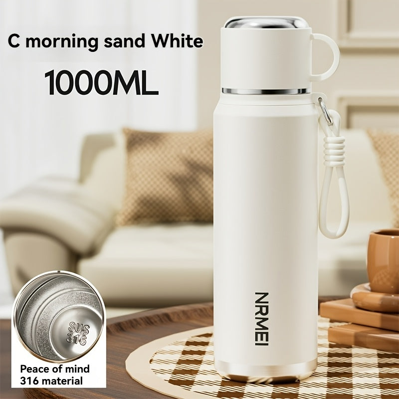 Stainless Steel Tumbler 1000ml, Vacuum Insulated Water Bottle with Tea Infuser, 6-Layer Leak Proof, 316 Stainless Steel, Wide Mouth, Carry Strap, Portable Sports Drink Bottle