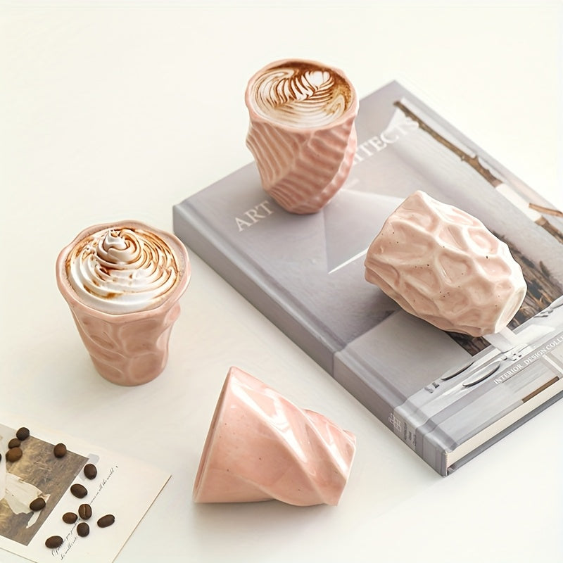 Creative Ceramic Coffee Cups 4pcs Hand-Thrown Ceramic Coffee Cups Set | Pink\u002FCream White, Creative Ruffled Mugs, Espresso, Latte Art, Milk, Water, Tea Cups - Beautiful & Practical for Brewing Coffee, Cappuccino, Latte