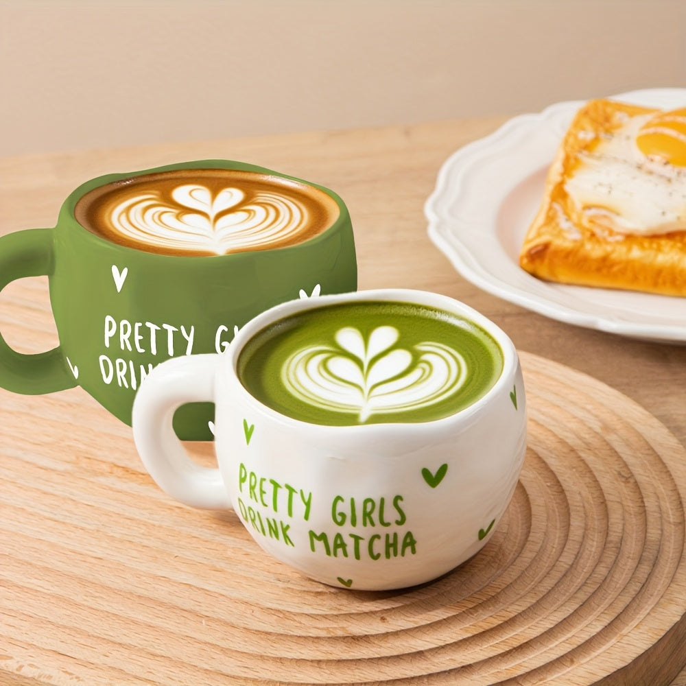 1pc 230ml\u002F7.8oz Green and White Heart Ceramic Coffee Cup, Irregular Cute Handcrafted Ceramic Matte Matcha Cup, Suitable for Coffee, Milk, Juice, Latte, Cappuccino, and Other Beverages, a Perfect Gift for Friends and Lovers