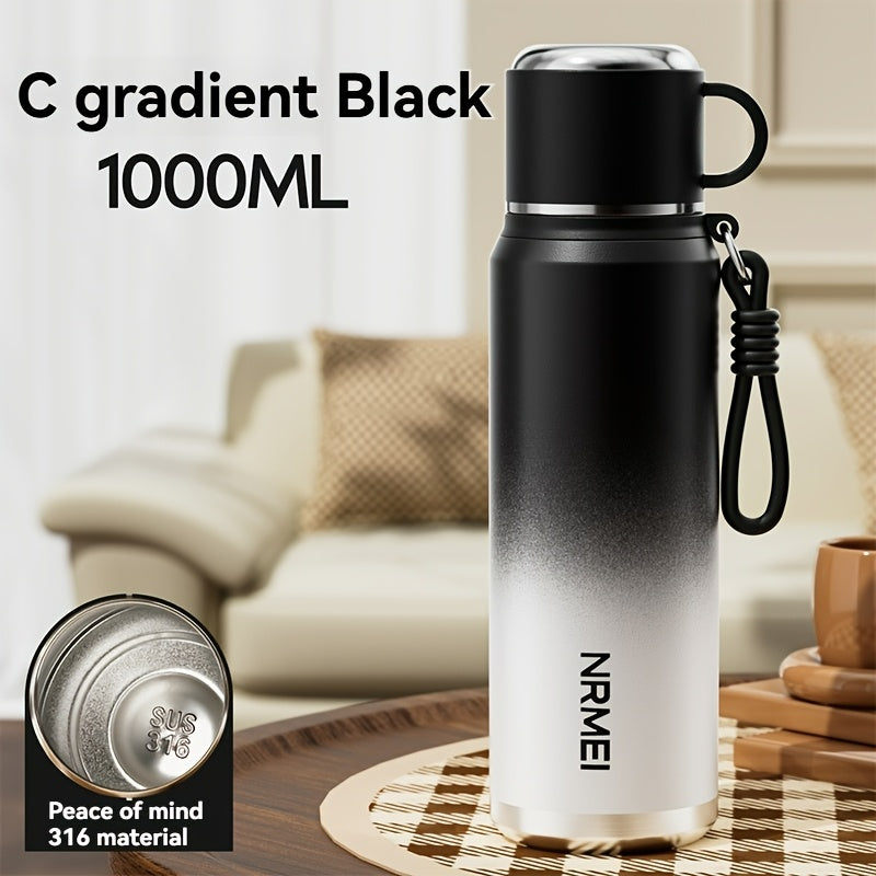 Stainless Steel Tumbler 1000ml, Vacuum Insulated Water Bottle with Tea Infuser, 6-Layer Leak Proof, 316 Stainless Steel, Wide Mouth, Carry Strap, Portable Sports Drink Bottle