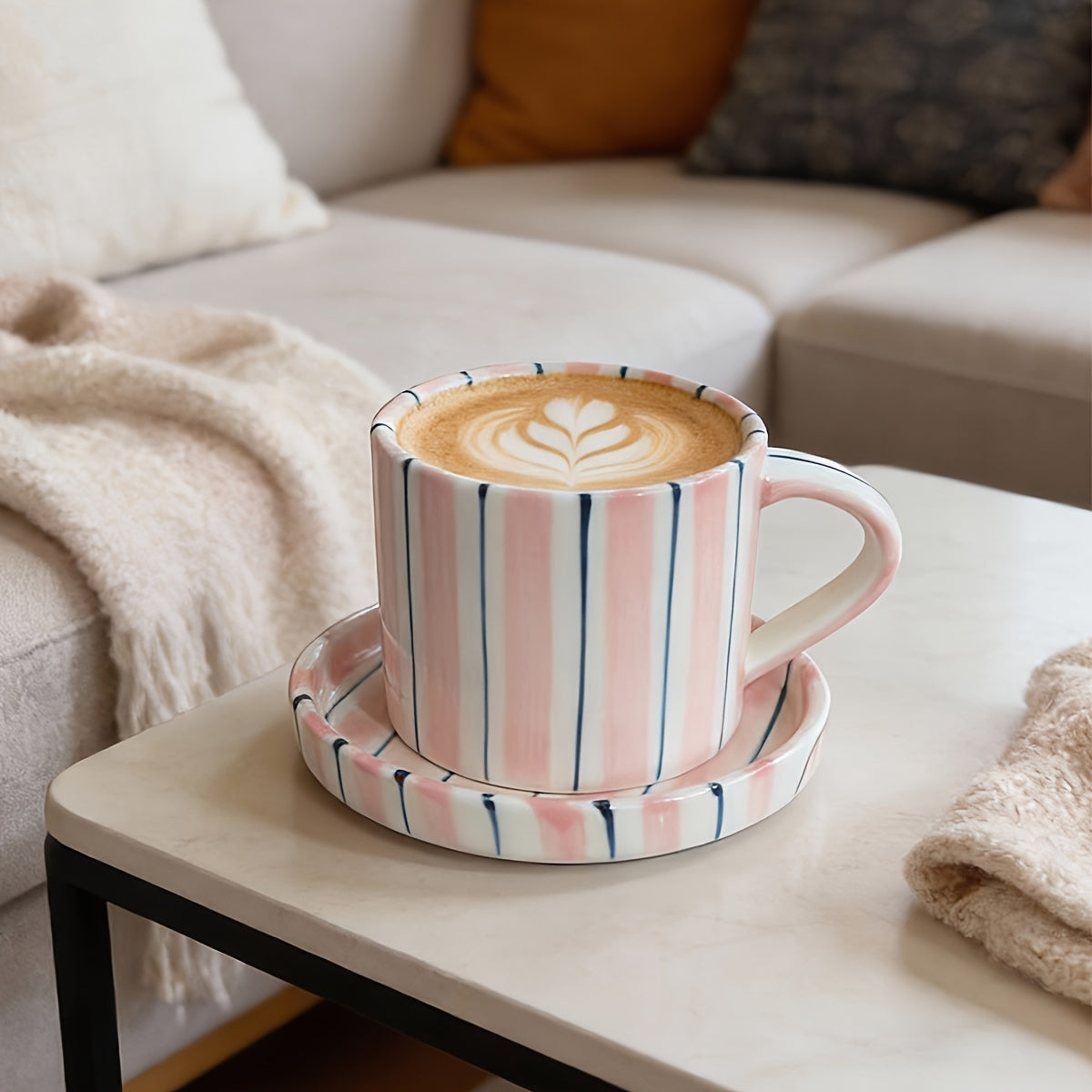INS Style Striped Ceramic Coffee Cup And Saucer Set Featuring a Minimalist Vertical Stripe Design, Aesthetically Pleasing for Enjoying Beverages. This Home Drinkware Set Is Perfect for Lattes, American Espresso, And Tea