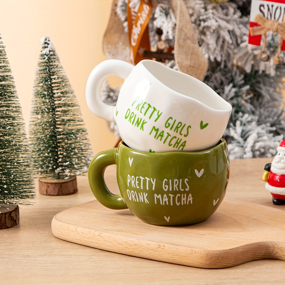 1pc 230ml\u002F7.8oz Green and White Heart Ceramic Coffee Cup, Irregular Cute Handcrafted Ceramic Matte Matcha Cup, Suitable for Coffee, Milk, Juice, Latte, Cappuccino, and Other Beverages, a Perfect Gift for Friends and Lovers