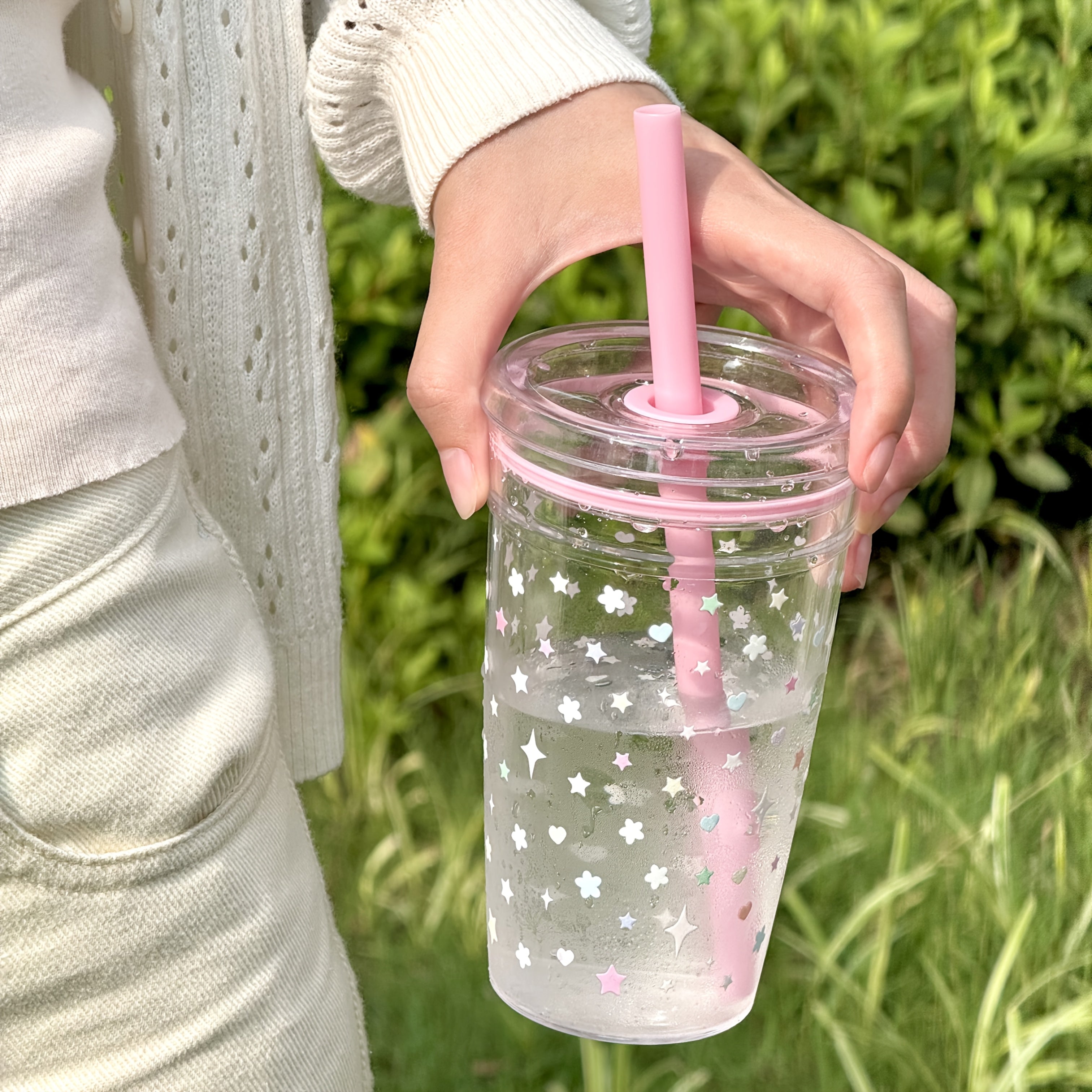 16Oz Pink Star Flower Design Adorable Cup - Reusable, Convenient, Sturdy with Straw And Cover | Great for Staying Hydrated at Work, Sports, Outdoor Fun, Celebrations, Gifts, Camping, And Birthdays - Ideal Summer Hydration Easy Bottle