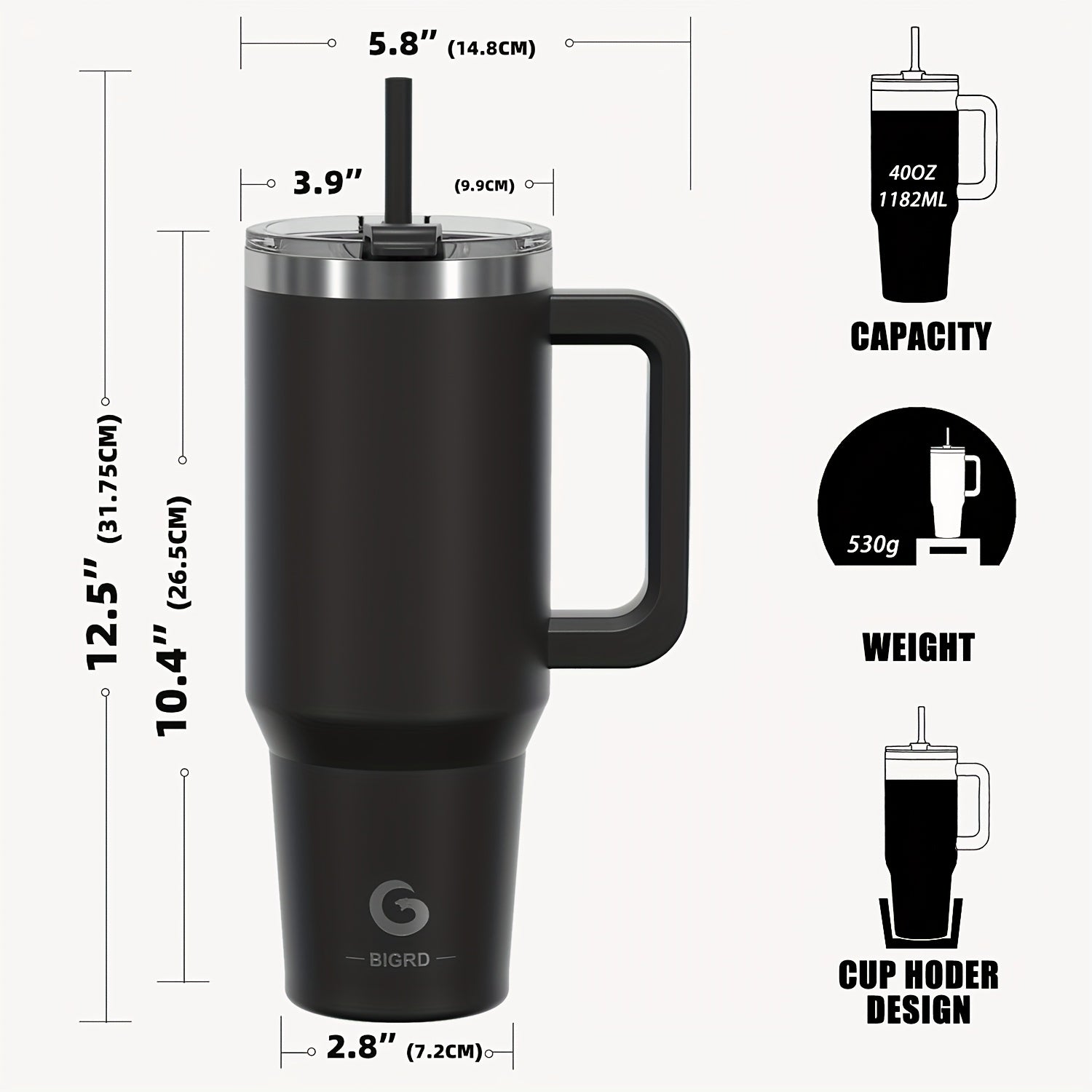 BIGRD • 40oz\u002F1182ml Stainless Steel Water Flask • Double-Wall Vacuum Insulated Leakproof • Hot\u002FCold Car Cup with Straw & Handle • Anti-Slip Base & Dual Silicone Mouthpiece • for Travel, Gym, Dish