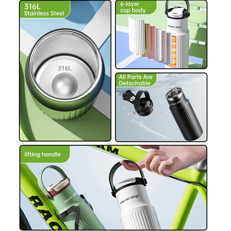 650ml 316L Inner Liner Stainless Steel Insulated Water Bottle 1pc 650ml | 3 Drinking Modes - Straw Lid, Direct Drink & Wide Mouth, Leak-Proof, 6-Layer Vacuum Insulation Keeps Hot\u002FCold 12H, Portable Handle for Sports, Gym, Outdoor - 316L Inner Liner