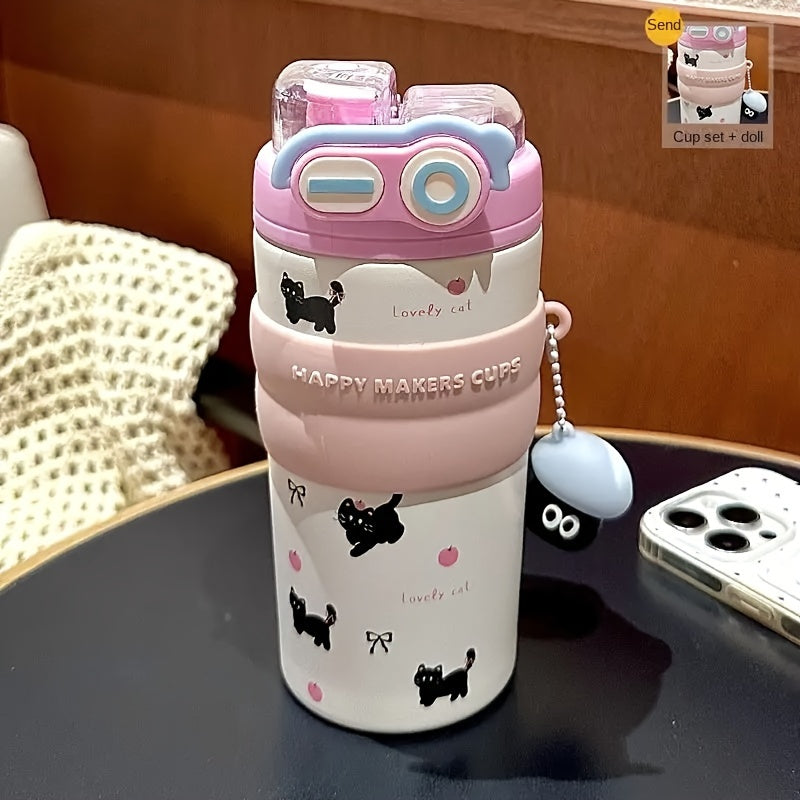 Cute Double- Water with a Capacity of 500Ml\u002F17Oz, Essential Portable Animal Print Cup with Straw And Handle for Students And, Perfect for Travel, Camping, Home Office, Birthday Gifts, And Holiday Presents