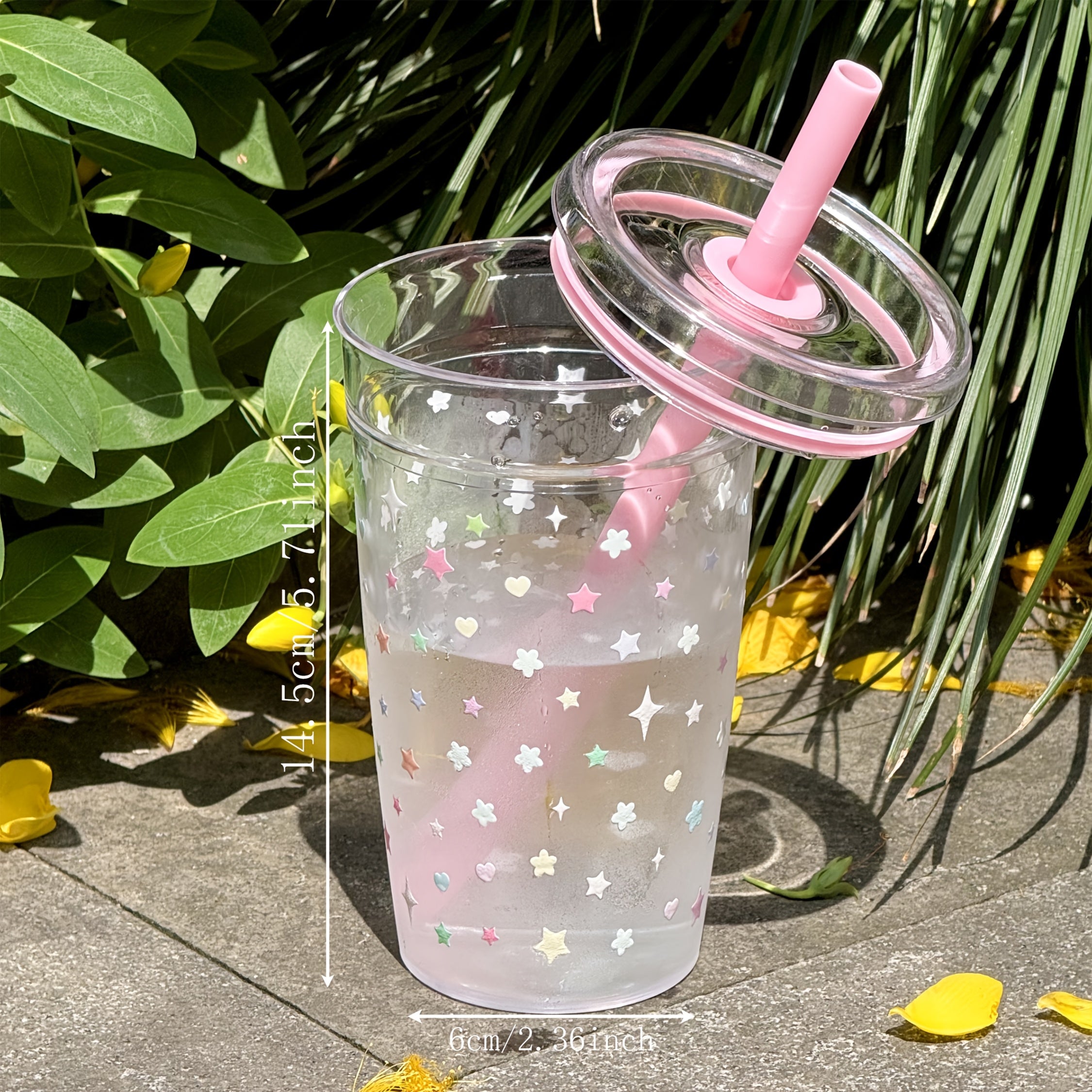 16Oz Pink Star Flower Design Adorable Cup - Reusable, Convenient, Sturdy with Straw And Cover | Great for Staying Hydrated at Work, Sports, Outdoor Fun, Celebrations, Gifts, Camping, And Birthdays - Ideal Summer Hydration Easy Bottle