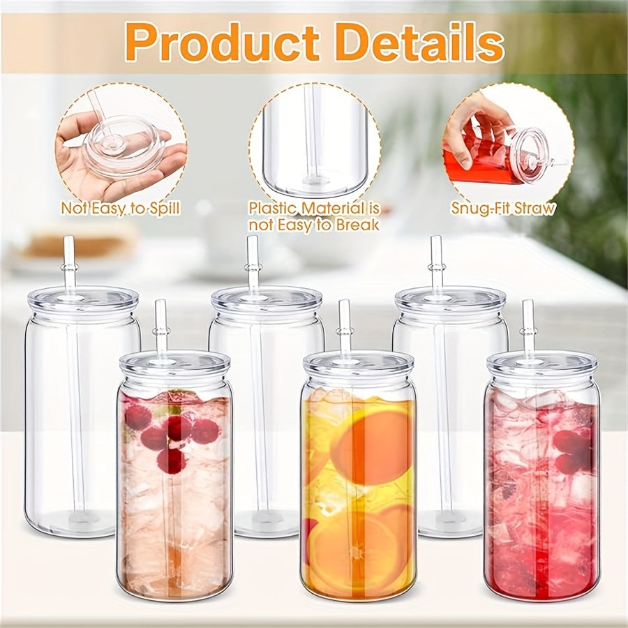 of 6 Clear Plastic Tumblers with Lids And Straws, Each Holding 16 Ounces, Perfect for Iced Coffee, Water, Milk, Beer, Juice, And Other Beverages