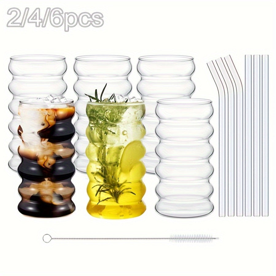 Ribbed Drinking Cups 2\u002F6pcs Vintage Japanese Ripple Bubble Glass Cups | 420Ml\u002F14Oz Ribbed with Brush And Straw | Suitable for Coffee, Tea, Juice, Matcha, Smoothie
