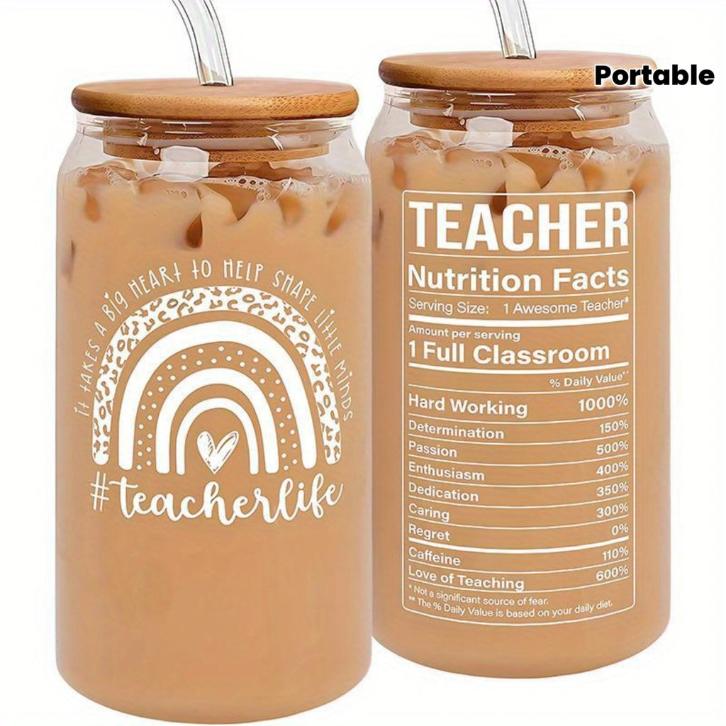 1pc, Letter Printed Water Cup With Lid And Straw, Portable Glass Cup, Teacher Gift For Women, Birthday Gift