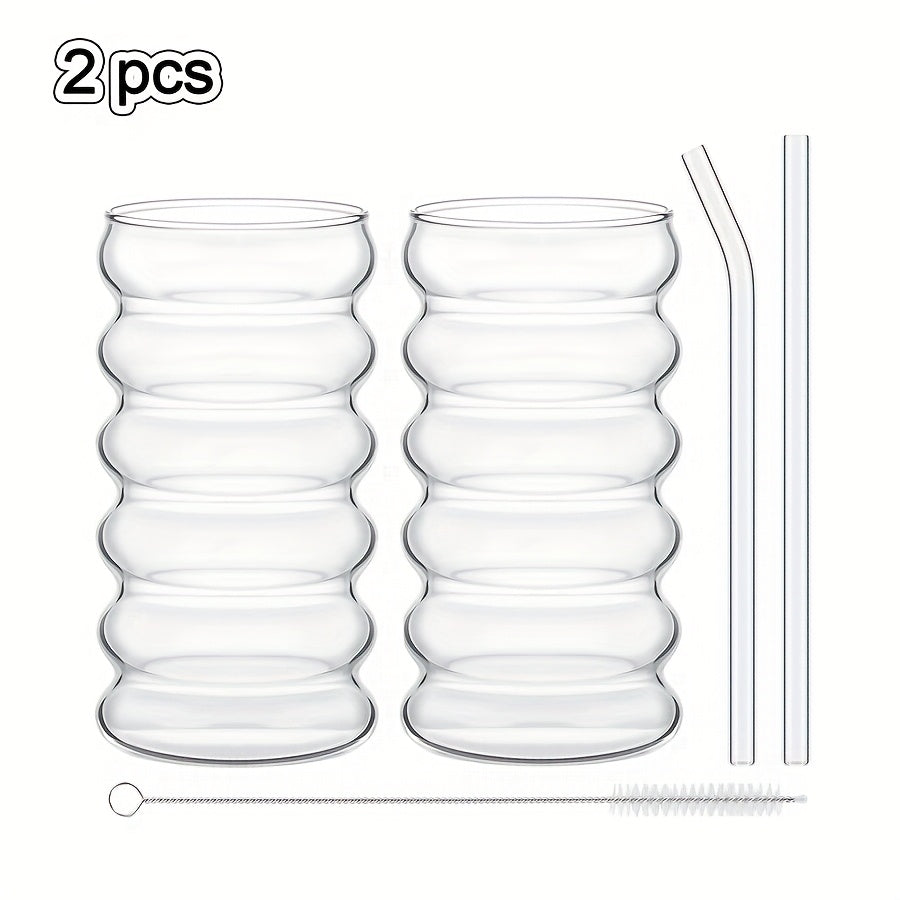 Ribbed Drinking Cups 2\u002F6pcs Vintage Japanese Ripple Bubble Glass Cups | 420Ml\u002F14Oz Ribbed with Brush And Straw | Suitable for Coffee, Tea, Juice, Matcha, Smoothie