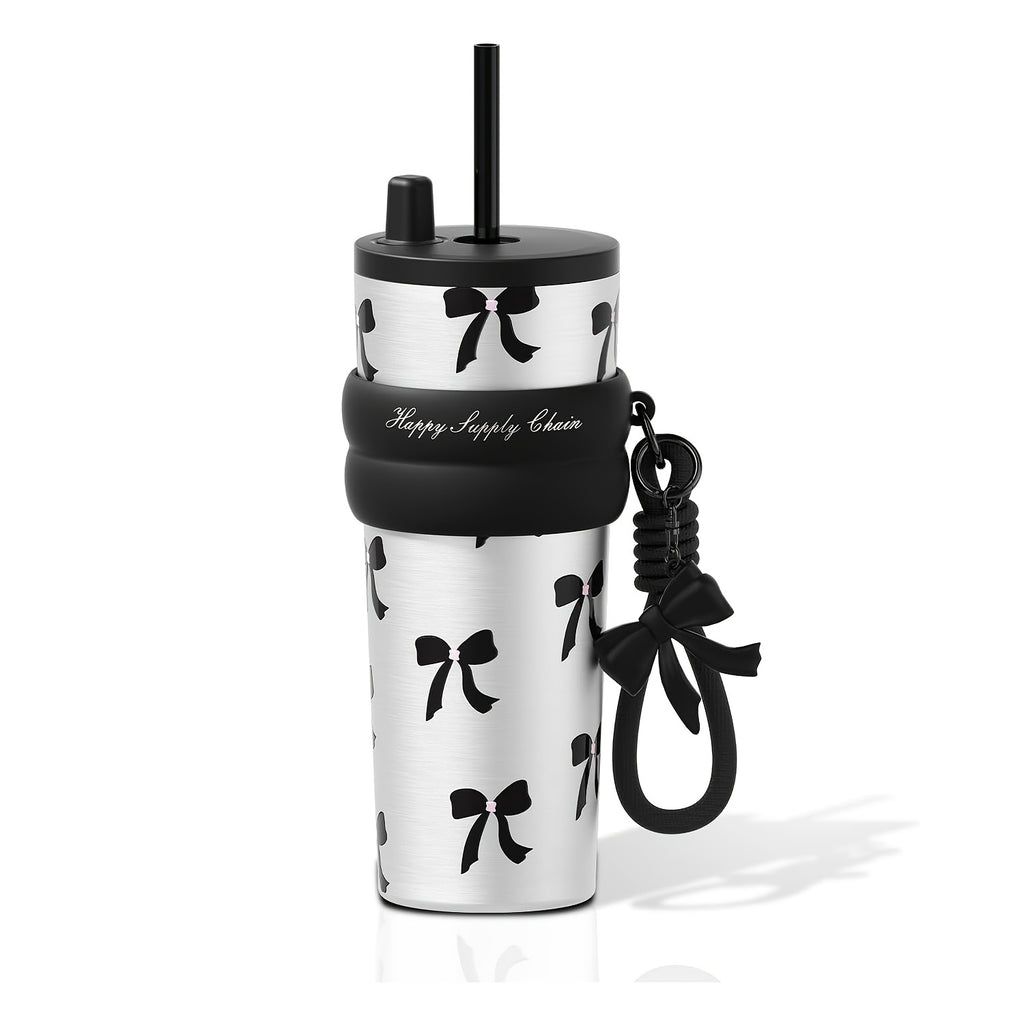 A 24-Ounce High-Cost-Performance Vacuum Cup Cup Featuring a Stylish Bow Design And a Unique Bow Strap. The Interior Is Made of 316 Stainless Steel, Effectively Maintaining The Temperature of Beverages. The Non-Slip Silicone Ring on The Cup Body Ensu