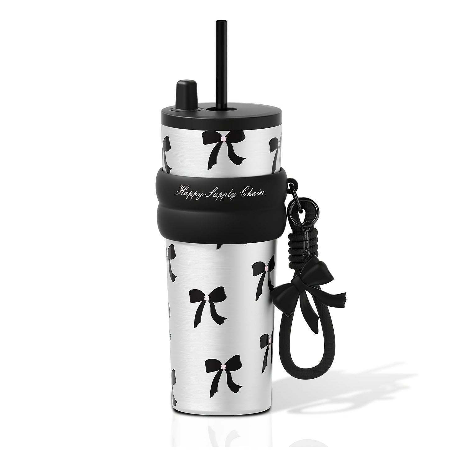 A 24-Ounce High-Cost-Performance Vacuum Cup Cup Featuring a Stylish Bow Design And a Unique Bow Strap. The Interior Is Made of 316 Stainless Steel, Effectively Maintaining The Temperature of Beverages. The Non-Slip Silicone Ring on The Cup Body Ensu