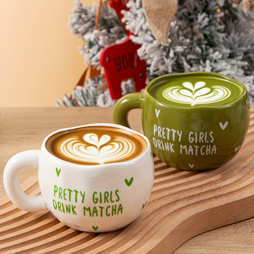 1pc 230ml\u002F7.8oz Green and White Heart Ceramic Coffee Cup, Irregular Cute Handcrafted Ceramic Matte Matcha Cup, Suitable for Coffee, Milk, Juice, Latte, Cappuccino, and Other Beverages, a Perfect Gift for Friends and Lovers