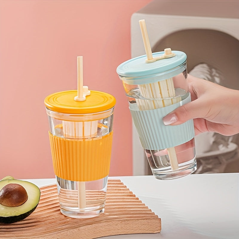 High Borosilicate Glass 2pcs High Borosilicate Glass Cups | 17.58oz Transparent with Straws & Lids | Ideal for Iced Coffee, Milk, Juice - Unique Irregular Shape Design