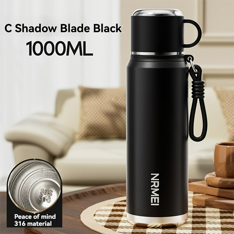 Stainless Steel Tumbler 1000ml, Vacuum Insulated Water Bottle with Tea Infuser, 6-Layer Leak Proof, 316 Stainless Steel, Wide Mouth, Carry Strap, Portable Sports Drink Bottle